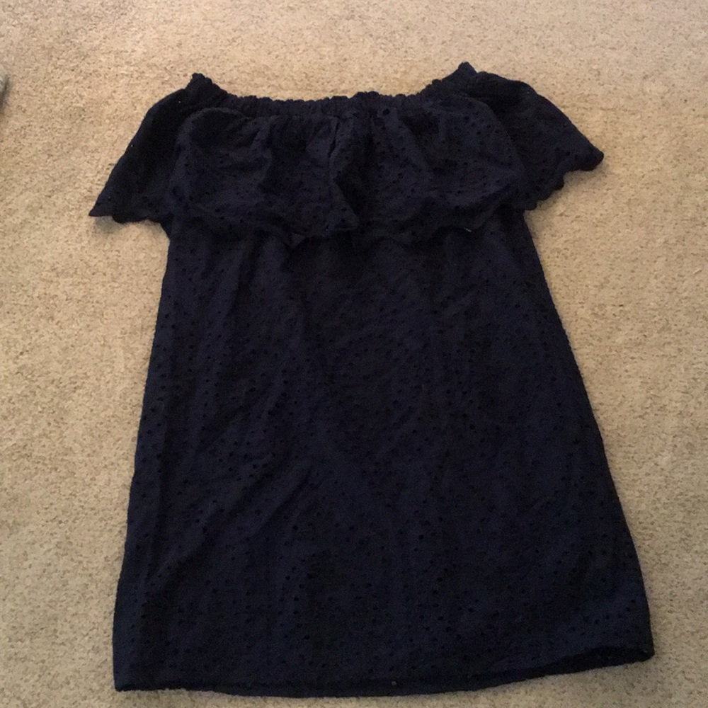 Navy Off Shoulder Eyelet Dress